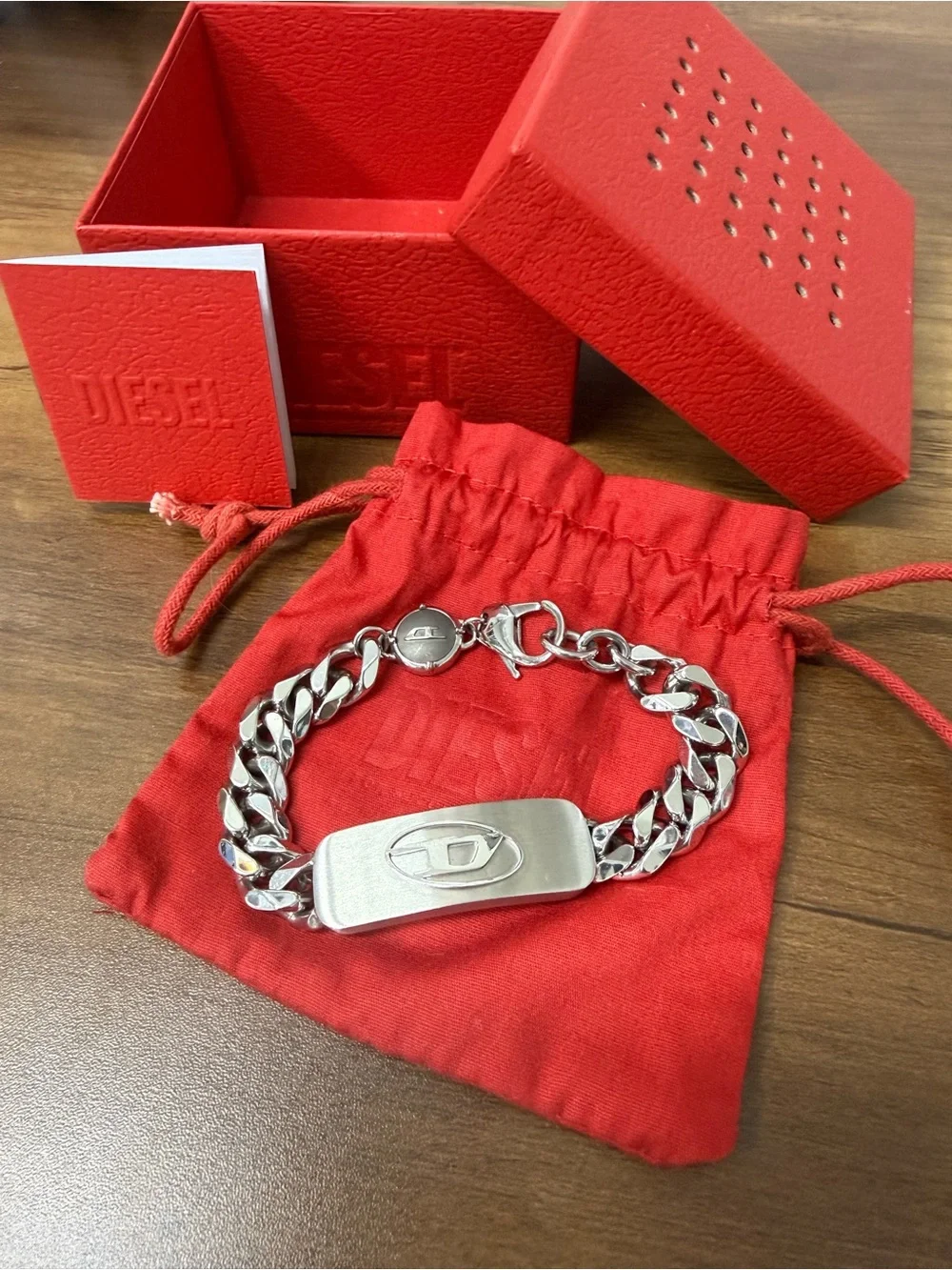 Diesel Silver-Tone ID Curb Chain Bracelet with Red Pouch